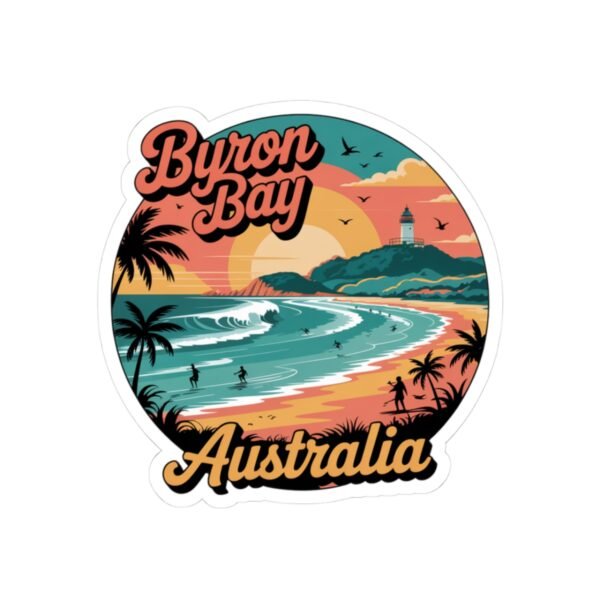 Byron Bay Australia Sticker - Retro Coastal Surf Design with Sunset, Lighthouse, Palm Trees & Surfers - Vintage Travel Souvenir Art