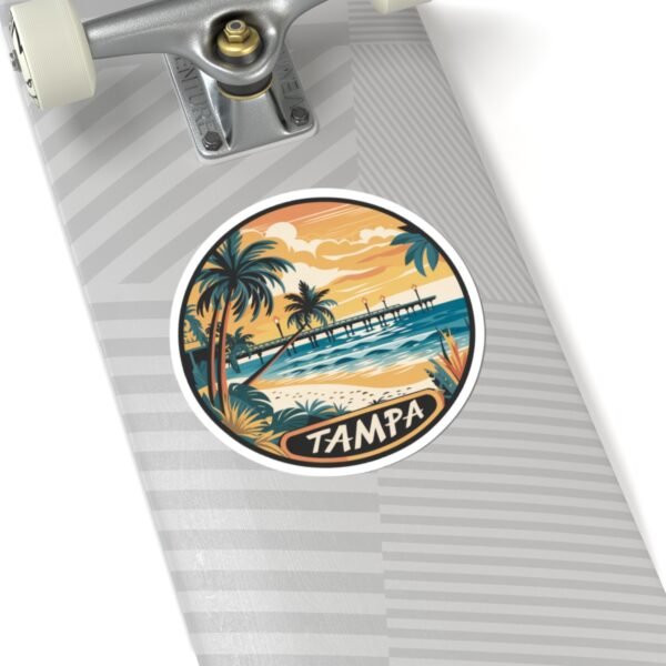 Tampa Florida Sticker - Retro Coastal Pier Art with Palm Trees, Ocean Waves and Sunset Beach Scene - Vintage Travel Souvenir