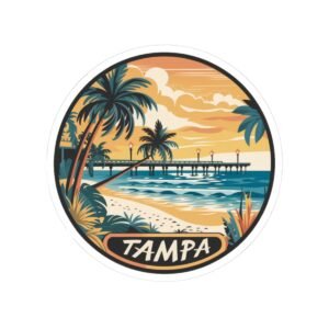 Tampa Florida Sticker - Retro Coastal Pier Art with Palm Trees, Ocean Waves and Sunset Beach Scene - Vintage Travel Souvenir