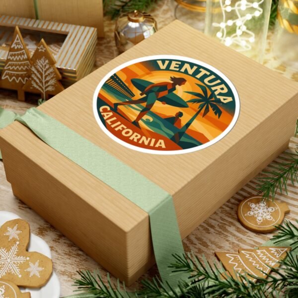 9483825214219023322_1200.jpeg Ventura California Surf Sunset Sticker - Retro Round Beach Decal, Artistic Coastal Vibes, Waterproof Vinyl for Laptops and Bottles