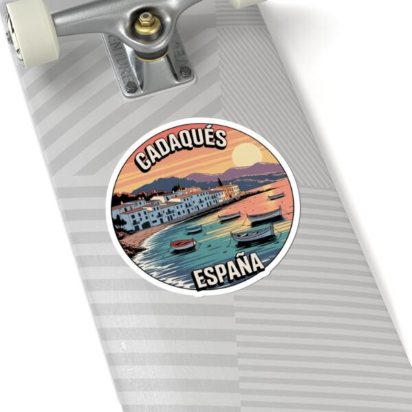 Cadaqués España Sticker - Retro Coastal Round Vinyl Decal | Mediterranean Village, Sunset Beach & Boats Souvenir Travel Gift