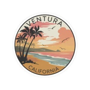 Ventura California Sticker - Vintage Beach Sunset Design, Coastal Art Vinyl Decal, Retro Ocean View Gift for Surf and Travel Lovers