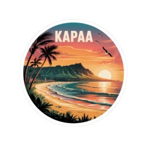 Kapaa Hawaii Sticker - Retro Coastal Sunset Art with Nounou Mountain & Coconut Coast - Tropical Travel Souvenir Decal