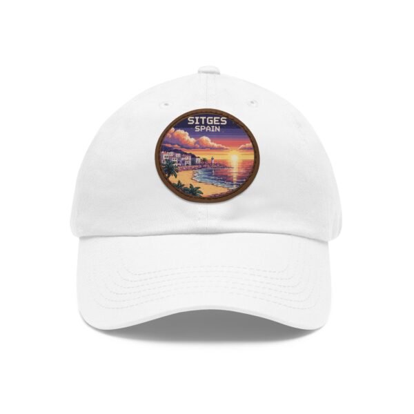 Sitges Spain Hat - Pixel Art Sunset Dad Cap with Leather Patch, Coastal Mediterranean Travel Souvenir