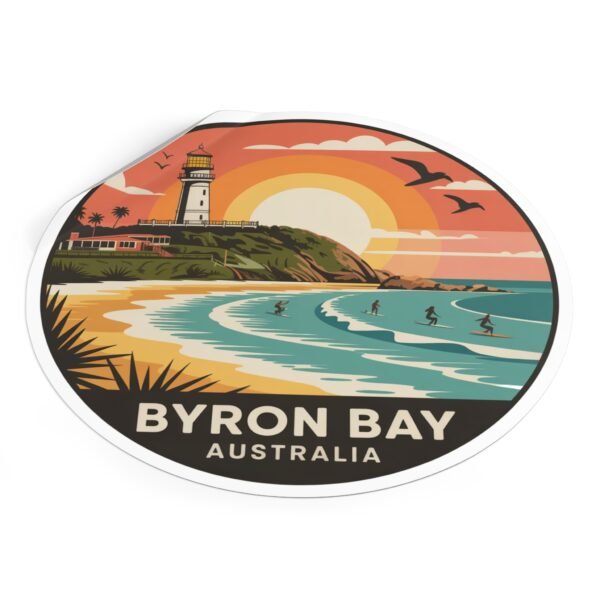 Byron Bay Australia Round Vinyl Sticker - Retro Beach Sunset Design, Coastal Souvenir, Waterproof Surf & Travel Decal