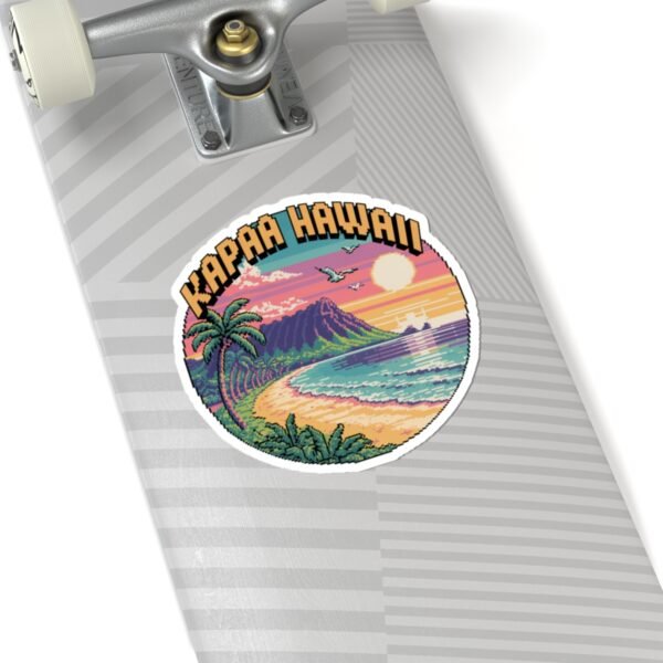 Kapaa Hawaii Pixel Art Sticker - Retro 8-Bit Beach Sunset with Nounou Mountain & Palm Trees - Vintage Gamer Travel Souvenir