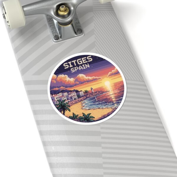 Sitges Spain Sticker - Pixel Art Sunset Mediterranean Coast Design, Retro Travel Round Vinyl Sticker for Laptops & Journals