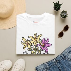 Book and Flowers T-Shirt - Yellow and Purple Lilies Design, Literary Botanical Art Tee, Unisex Gift for Readers and Nature Lovers