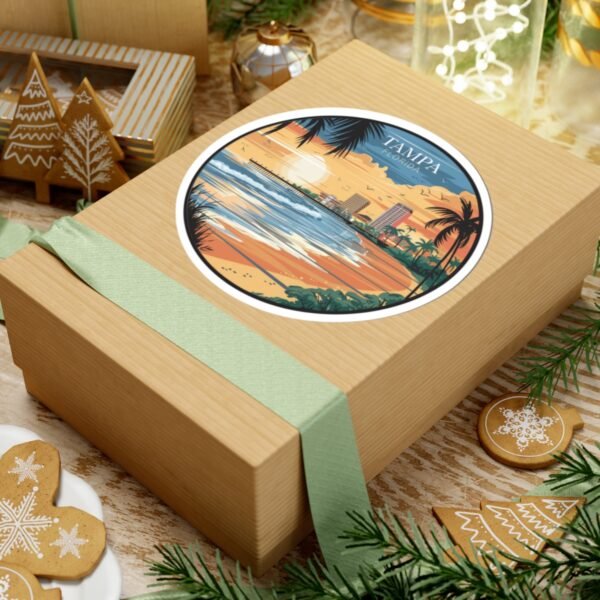 Tampa Florida Sticker - Retro City Beach Sunset Design with Palm Trees and Pier - Vintage Coastal Skyline Travel Souvenir Decal